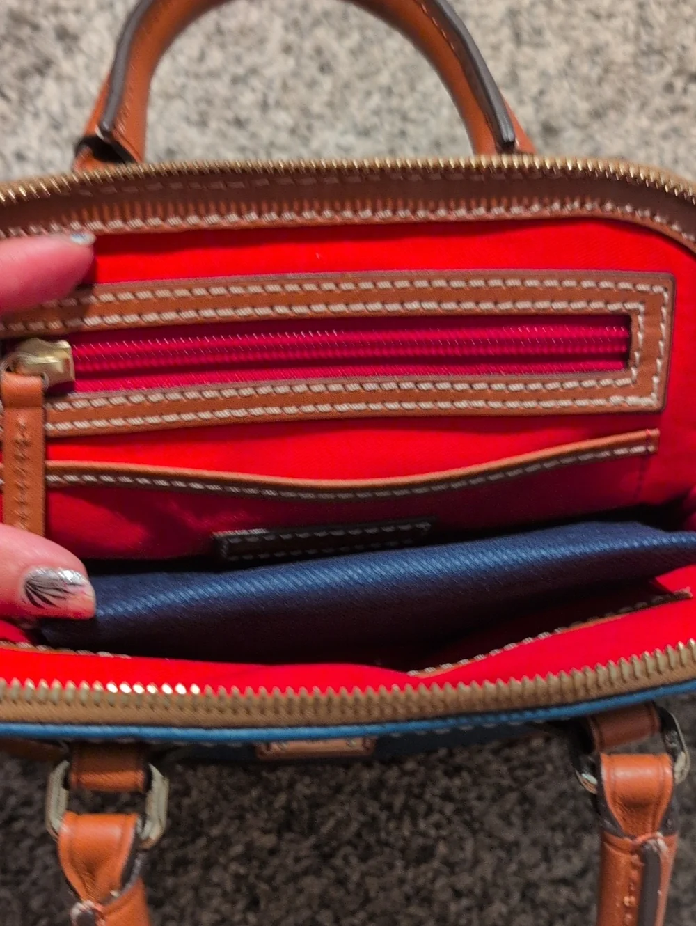 Dooney & Bourke Blue Pebbled Leather Satchel with Tan Trim